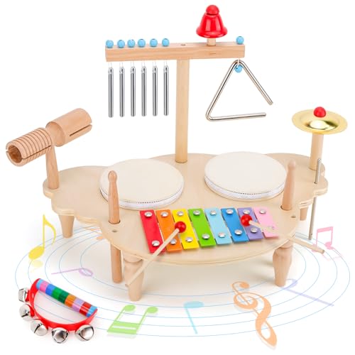 Baby Musical Instruments 7 in 1 Baby Musical Toys Toddler Drum Set Montessori Wooden Music Instrument Set Xylophone Bell Drum Kit Preschool Education Musical Toy Gifts for Boys and Girls