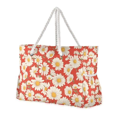 Red and White Daisies Sturdy waterproof bag for beach with zipper carry on tote bags for women Good for Travel Pool Swim Beach Vacation Necessities