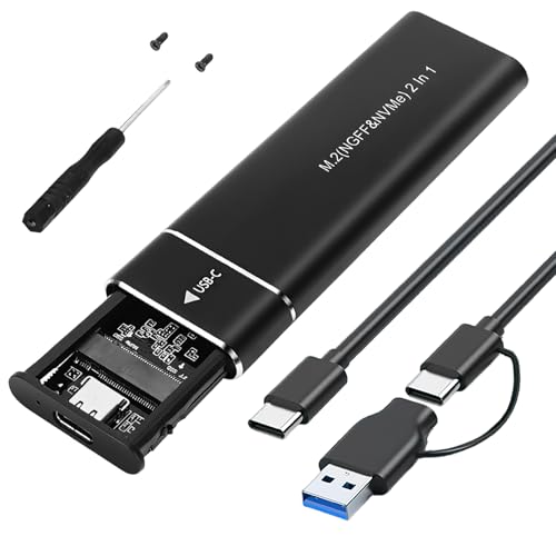 M.2 NVME SSD Enclosure, 10Gbps M.2 Enclosure with Dual Protocol of NVME&SATA USB C/A to NVME Adapter Aluminum USB External SSD Case for B&M-Key/M-Key 2230/2242/2260/2280 SSDs With 2-in-1 Cable