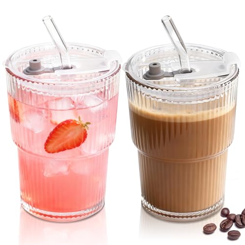 Solinorex Lot de 2 Verres avec Couvercle et Paille - Verres à Matcha 400 ML丨Verre a Cafe,...