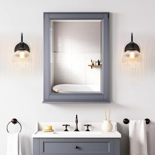 Image of Yosoan Boho Brass Vintage Bathroom Wall Sconce with Striped Shade, 1-Light Indoor Hardwired Vanity Wall Mounted Fixture with Double Hole Round Glass Lamp for Bedroom Kitchen Mirror Living Room(Black)
