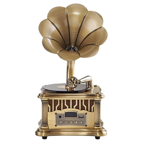 Gramophone - Tocadiscos Bluetooth con radio FM, bocina de metal retro, control remoto, reproducción USB, doble velocidad para decoración del hogar y entretenimiento