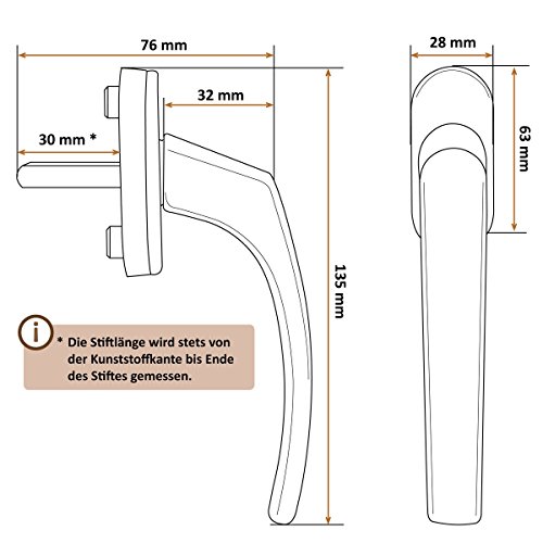16 x Alu Fenstergriff in Creme RAL 9001 - Stiftlänge 30mm