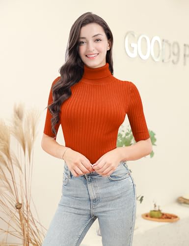 Image of v28 Women Turtleneck 1 /2 Half Sleeve Highly Stretchy Ribbed Knit Fitted Sweater