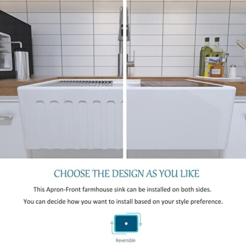 MEJE #KS 33 x 20 Zoll 50/50 Doppelschüssel, Keramikschürze mit vorderem Stufenrand, Arbeitsstation, Bauernhaus-Küchenspüle, mit Schneidebrett, Gitter und Sieb – Weiß