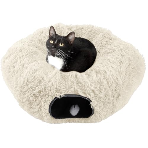 Cat Tunnel with Bed for Indoor Cats - 3FT Multifunctional Cat Tunnel Bed with Toys - Soft, Plush Peekaboo Cat Cave for Kittens, Cats, Ferrets, and Rabbits - Cat Products by PETMAKER (Cream)