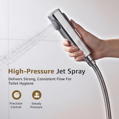 Image of Amazon Basics Health Faucet for Bathroom, Chrome Coated ABS Plastic Body with 1 Meter Stainless Steel Flexible Hose Pipe and Wall Hook, Silver, Jet Spray for Toilet