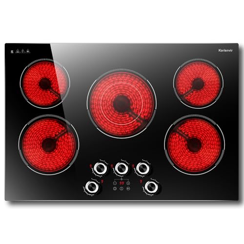 30 Inch Electric Cooktop Karienvir 5 Burner Cooktop 8500W Built-in Electric Stove Top Anti-slip Knob & Touch Control Dual-Ring Burner 30 Safety Lock Timer 220V Hardwired