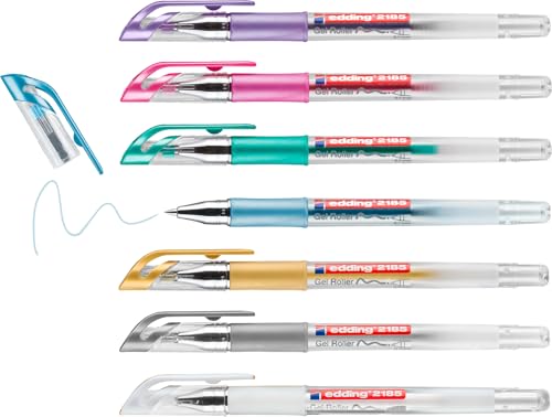 edding 2185 Gelroller - weiß, gold, silber, blau, grün, pink, violett - 7er Set - 0,7 mm - Gelstifte zum Schreiben, Malen, Mandala, Bulletjournal - Gelschreiber, Gelmalstifte