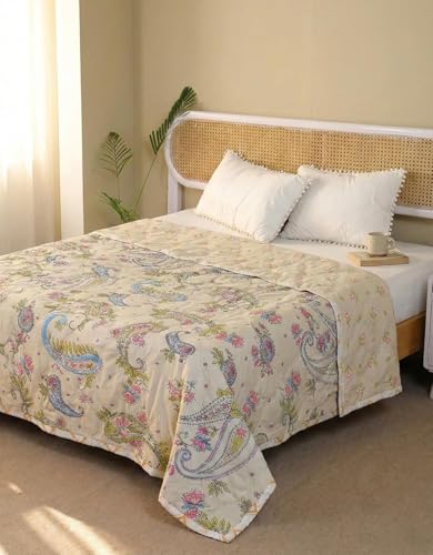 Image of Summer Blanket 100% Cotton Reversible Ac Comforter and Cooling | Classic Printed Design | Quilt | Dohar Single /Double Bed Quilt Ideal for Gifting (Curry Floral Design, Single BE)