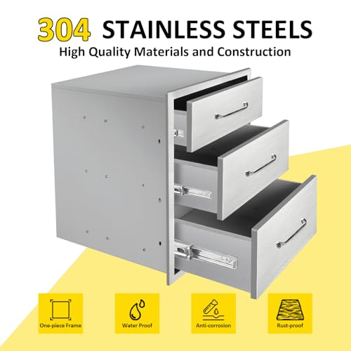Image of Outdoor Kitchen Drawers 18 inch W x 23 inch H x 21 inch D Flush Mount Triple BBQ Drawers with Chrome Handle Stainless Steel Drawer for Outdoor Kitchen Island, Patio Grill Station