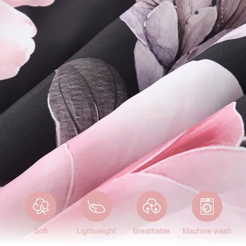 Image of Floral King Size Comforter Set - 7 Piece Botanical Black and Pink Bed in a Bag Ulter Soft Microfiber Bedding Set, Lightweight Bed Comforter Set with Sheets for All Season (Black, King)