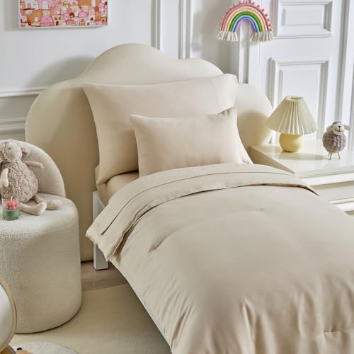 Image of Kids Comforter Sheet Set - Soft and Breathable Bed Set Includes Quilted Comforter, Fitted Sheet, Flat Top Sheet, Pillowcase and Toddler Pillowcase for Toddler - 5 Pieces Toddler Bedding Set Beige