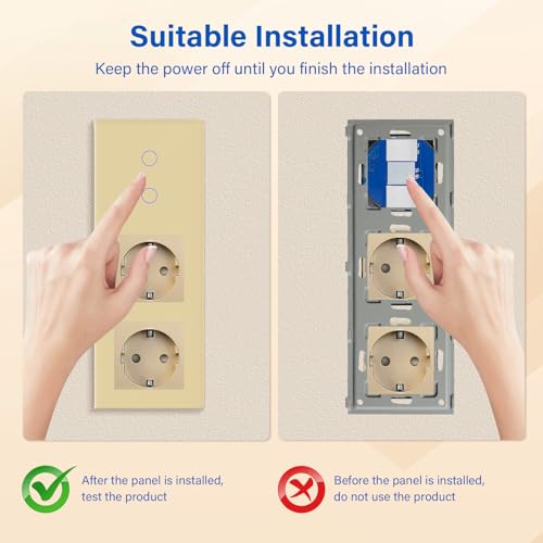BSEED Touch Lichtschalter mit Steckdosen mit LED Anzeige,2 Fach 1 Weg Wandschalter mit doppelten Steckdosen Unterputz Touchscreen-schalter mit Glasrahmen 228mm Golden