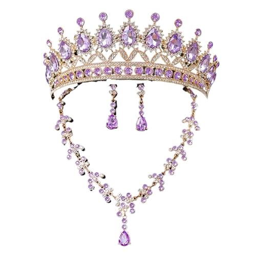 High-End Bridal Three-Piece Set - Necklace, Earrings & Crown For Wedding Season(Golden purple)