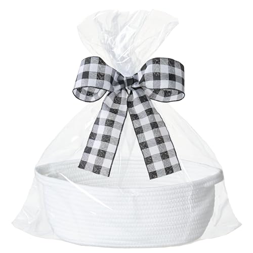 Image of Small Woven Gift Basket Empty with Bag & Ribbon, Storage Basket for Father's Day for Dad, Baby Shower, Raffle, Birthday, Cute Organizer with Handles, 12 inchx8 inchx5 inch, White /Black Check