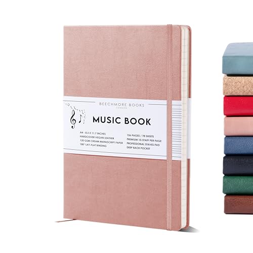 Beechmore Books Manuscript Paper Notebook - A4, Rose | Premium 10-Staff Music Book Hardcover Vegan Leather 120gsm Paper Professional Staves Pad | Presentation Gift Box for Christmas Stocking Fillers