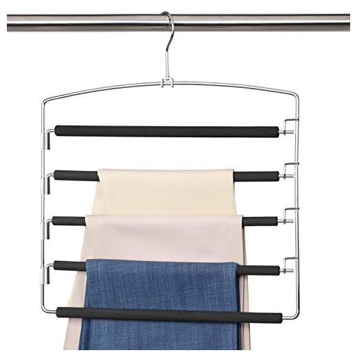 Meetu Pants Hangers 5 Layers Stainless Steel Non-Slip Foam Padded Swing Arm Space Saving Clothes Slack Hangers Closet Storage Organizer for Pants Jeans Trousers Skirts Scarf Ties Towels (1 Pack)