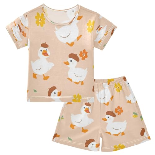 Pajama Sets Short Sleeve Cute Ducks with Berets Soft Cotton Summer Sleepwear 2 Piece PJS Size 5-14T