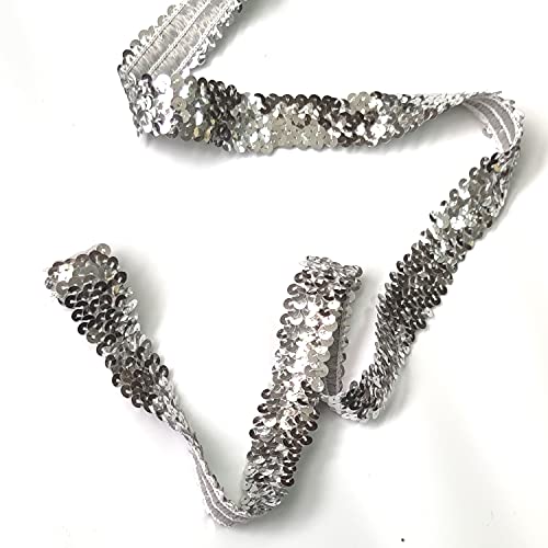 Qililandiy 10 Yard Elastic Sequin Flat Glitter Stretch Bling Paillette Fabric Ribbon Metallic Appliqué Trim Lace For Dress Embellish, Headband (Silver) #TOP3