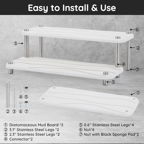 Image of Segbeauty 2 Tier Fast Dry Diatomaceous Vanity Tray, 11x4.3in Water Absorbing Stone Drying Tray, Quick Drying Bathroom Counter Dish Soap Dispenser Rack, Kitchen Counter Sink Organizer Sponge Holder