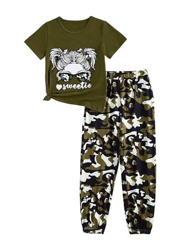 Image of Girls Clothes Cool Girl T Shirt Cargo Pants Camo Outfit | Short Sleeve, 2 Piece, School, Dance, Four Seasons, Kids Clothing Set, Size 6-14