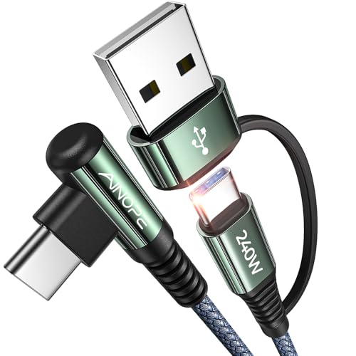 Image of AINOPE 10 FT USB C Cable Fast Charging, 240W USB-C Charge Cable with Adapter, Fast Charger USB C Cable Supports 100W, Right Angle USB C Fit MacBook Pro /Air, iPad Pro /Air, iPhone 17 /16 /15, 10FT Grey