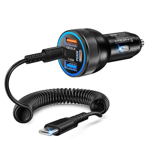 Acezeek - 65W Zigarettenanzünder USB C Adapter, 4-Port PD3.0 & QC3.0 Schnell Kfz Ladegerät mit 1.2M Schnell Spiral Typ C Kabel, Auto ladegerät für iPhone 17/16/15, Samsung S25/24 iPad Tablets