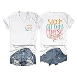 PUGIAF Funny Nurse V-Neck Shirt for Women, Sleep All Day Nurse All Night Shirt, Casual Cute Nurse Life Short Sleeve Tops White