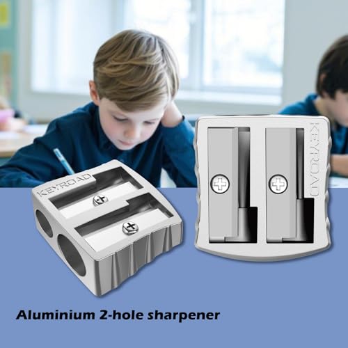 KEYROAD Ergonomischer Doppel-Anspitzer / 1 Stück/aus Aluminium/Zwei Klingen aus Stahl/von Bleistiften und Buntstiften/Blister/Für Kindergarten Vorschule und Büro Schule