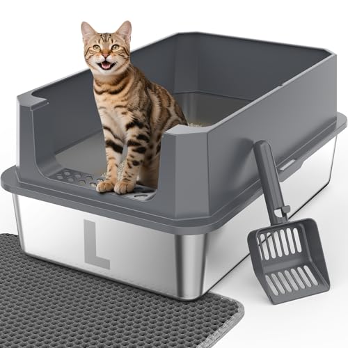 FURTIME Stainless Steel Cat Litter Box, Extra Large Cats Metal Litter Box