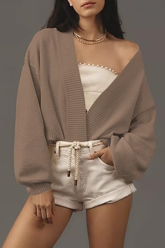 Image of Women's Open Front Cropped Cardigan Lightweight Fall Long Sleeve Waffle Knit Cardigans