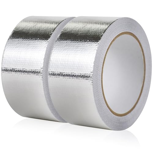 BOMEI PACK 2 Rolls Reinforced Aluminum Foil Tape Glassfiber Aluminum Tape 50mm x 20m High Temperature Foil Tape for HVAC Ducts Sealing Fixing Repairing Jointing