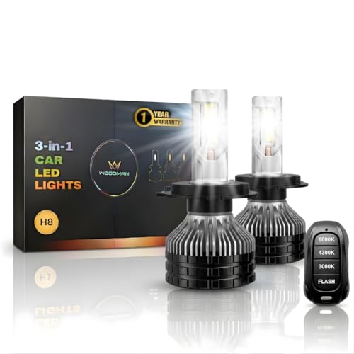 Image of WOODMAN 200W 3in1 H8 Car LED Headlight Bulbs with 3 Color Modes (White /Warm White /Yellow) | 12000 Lumens | Plug & Play | 1 Year Replacement | Pack of 2 with Remote (200W, H8)
