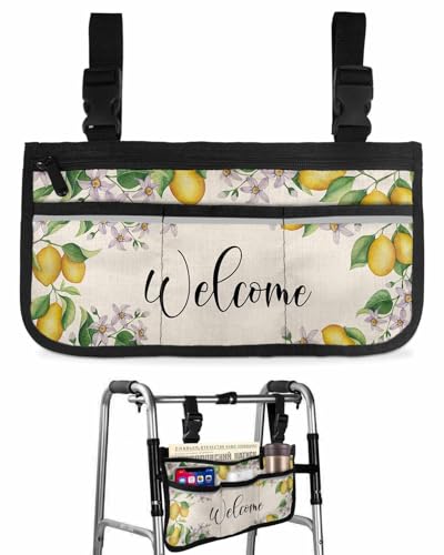 Anzona Summer Lemon Wheelchair Side Bag Walker Bag, Pastoral Rustic Floral Botanical Wheelchair Accessories Armrest Pouch, Organizer Storage Bag for Walkers, Rollators, Scooters, 7.3''x13''