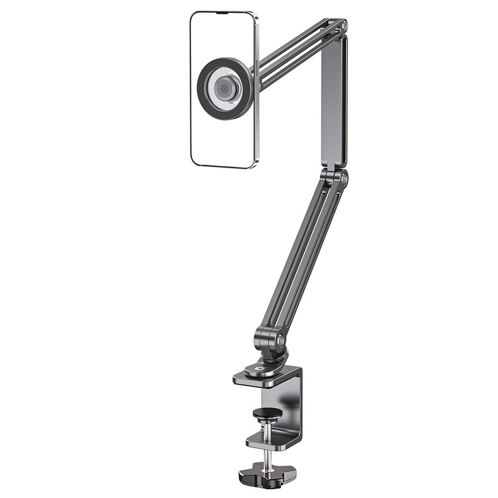 FACAIIO Soporte ajustable de aluminio para tablet con rotación de 360 grados y fuerte sujeción magnética para mesita de noche o escritorio, color plateado