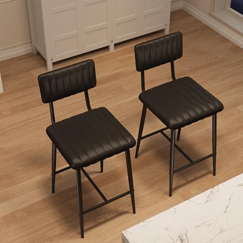 GarveeHome Bar Stools Set of 2, Upholstered Counter Height Bar Stools w/Backrest and Footrest, Tall Bar Chairs w/Thick Cushion & Thickened Metal Legs, for Island, Counter Bar, Kitchen,Rustic Black