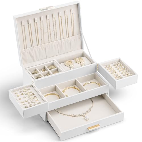 Vlando Jewellery Organiser, 3 Tier Jewellery Box with Drawer, Box & Organiser with Retractable Tray for Necklaces, Rings, Bracelets, Earrings,White