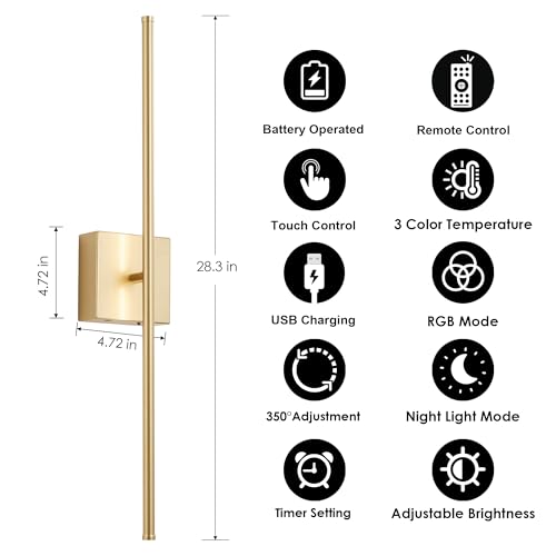 Image of KARTOOSH 28.3 Inch Battery Operated Wall Sconces Wireless Set of 2, Gold | RGB Wall Lamps, 3 Color Temps, Remote Control, Dimmable Rotatable, LED Wall Lights for Living Room Bedroom