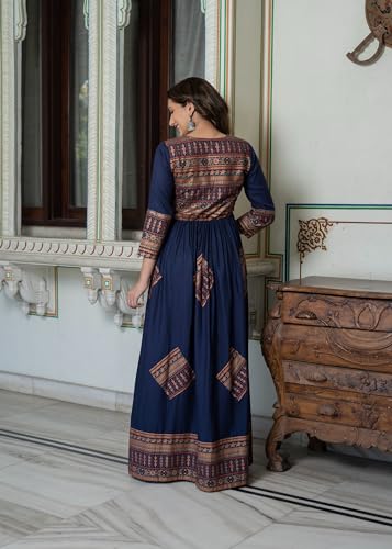 Image of Daevish New Gold Printed 3 /4 Sleeves Flared Maxi Length Dress for Women & Girl's | Maxi Dress for Women | Women Flared Dress