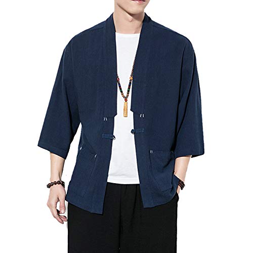 Image of Mens Japanese Kimono Cardigan Cotton Linen Haori Fashion 3 /4 Sleeve Yukata | Shawl Collar Kimono Jacket Robe Embroidery Patchwork Happi Coat Tie Pockets Lightweight Outerwear Daily Casual All Seasons