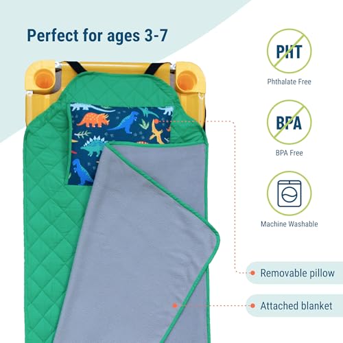Image of Wildkin Modern Kids Nap Mat with Pillow for Boys - Cotton Blend, Elastic Straps, Toddler Sleep Mat for Daycare, Preschool, Kindergarten & Travel, Ages 3-7, Machine Washable - Jurassic Dinosaurs