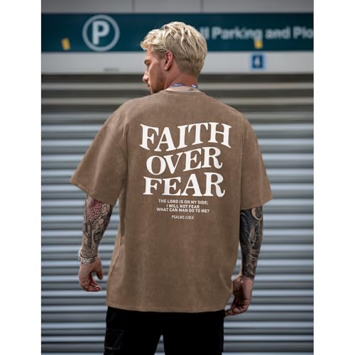 Image of Christian Faith Over Fear Shirt for Men Jesus Religious Shirts Oversized Graphic Tees Acid Wash God T-Shirt