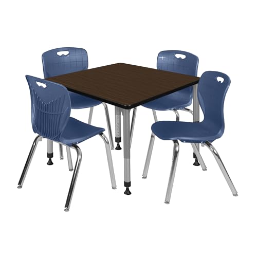 Regency Kee 42 in. Square Adjustable Classroom Table- Neo Walnut Top, Grey Base & 4 Andy 18 in. Blue Stack Chairs