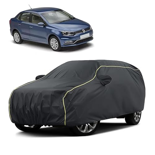 Image of Sulfar 100% Water Resistant Car Body Cover Compatible with Mirror for Volkswagen Ameo (Triple Stitched, Full Bottom Elastic, Dark Grey Taffeta with Yellow Piping)