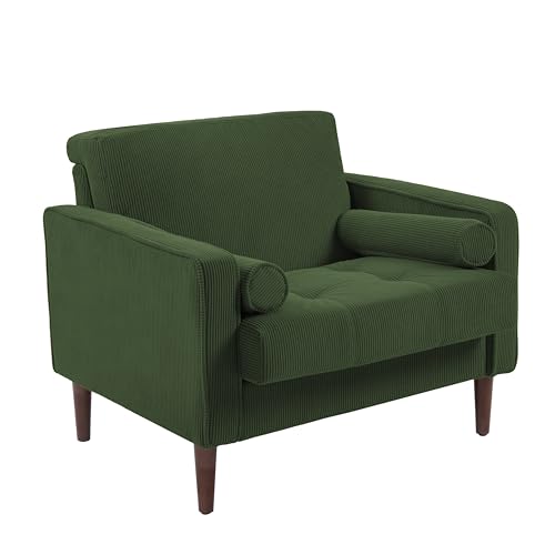 Image of Accent Chairs Set of 2, Corduroy Fabric Upholstered Armchair Mid-Century Modern Arm Chair for Living Room, Comfy Single Sofa Bedroom Side Reading Seat - Green