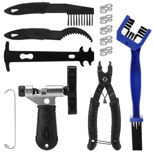 Juego de Herramientas de Cadena de Bicicletas, Tronchacadenas Bicicleta, Alicate de Cadena de Bicicletas, Medidor Cadena Bicicleta, 5 pares de remaches, 3 Cepillo, para Bicicleta6 -12Cadena Eslabones