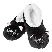 Snoozies! Sherpa Fleece Womens Slippers With Non Slip Sole - Furry Foot Pals Animal Designs - Black Cat, Dog, Mouse or Pink Pig (Cat, Medium)