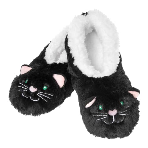 Snoozies! Sherpa Fleece Womens Slippers With Non Slip Sole - Furry Foot Pals Animal Designs - Black Cat Dog Mouse or Pink Pig (Cat Medium)