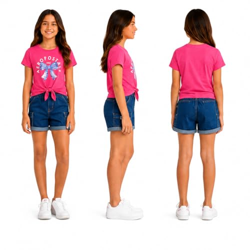 Image of AEROPOSTALE Girls Shorts Set - 2 Piece Soft Short Sleeve Graphic Tees and Twill or Denim Shorts Summer Outfits for Girls